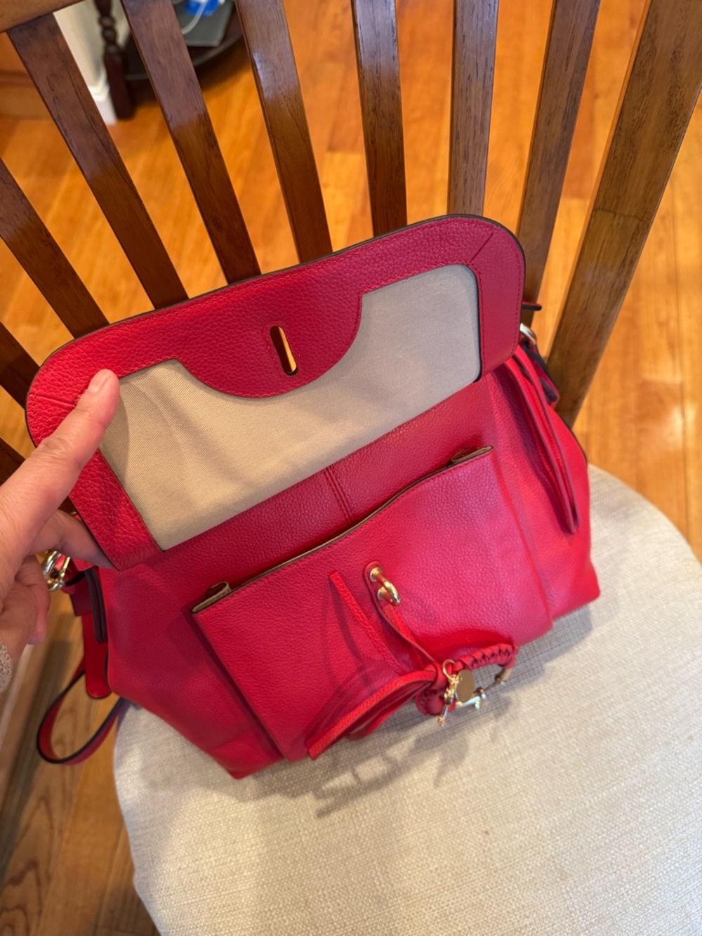 See By Chloe Red Leather Shoulder Bag with Braided Ring - Picture 5 of 8